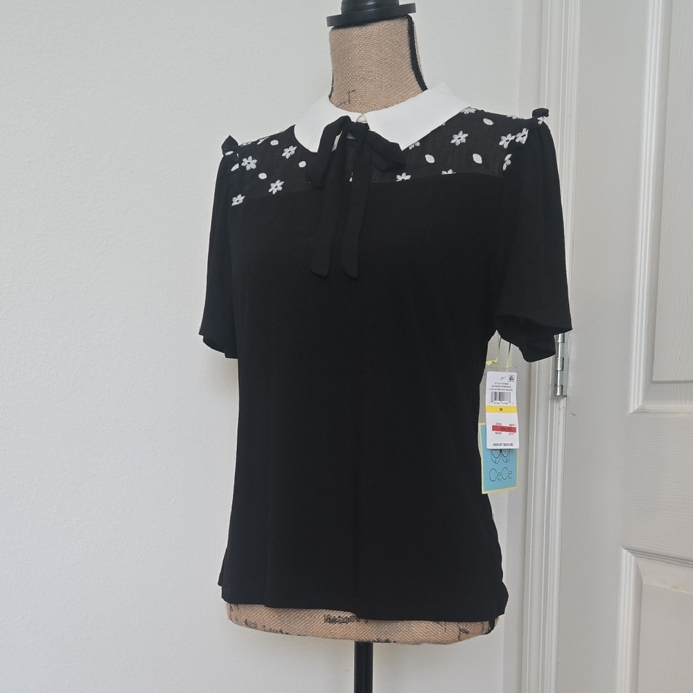 CeCe Black Blouse with White Floral Details